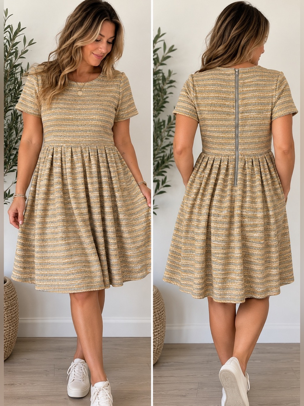 LuLaRoe Amelia Dress with Tan and Gold Patterns